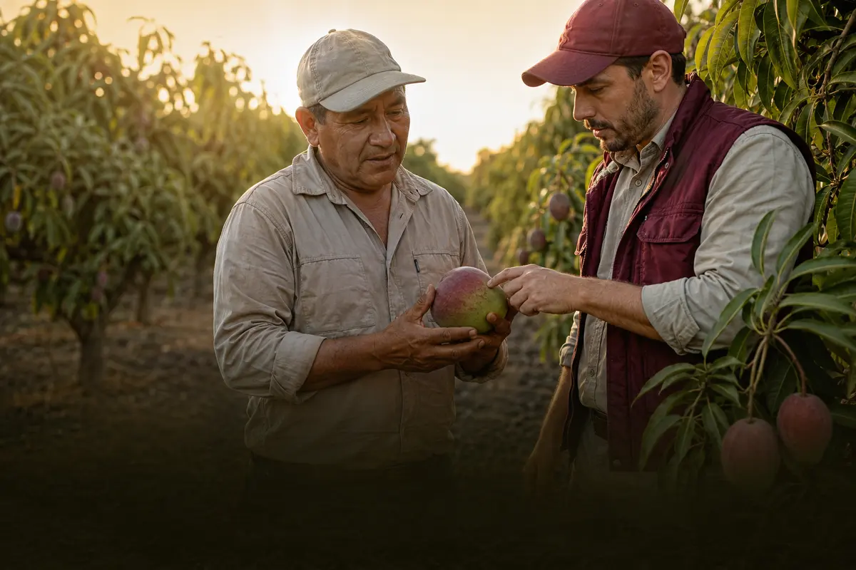 Productor peruano revisando mangos en el campo